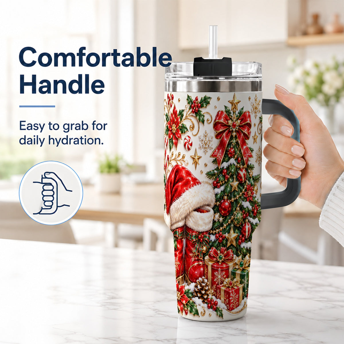 #pl[40oz|Black] Elegant Christmas 40oz Tumbler with Handle, Ornate Holiday Artwork
