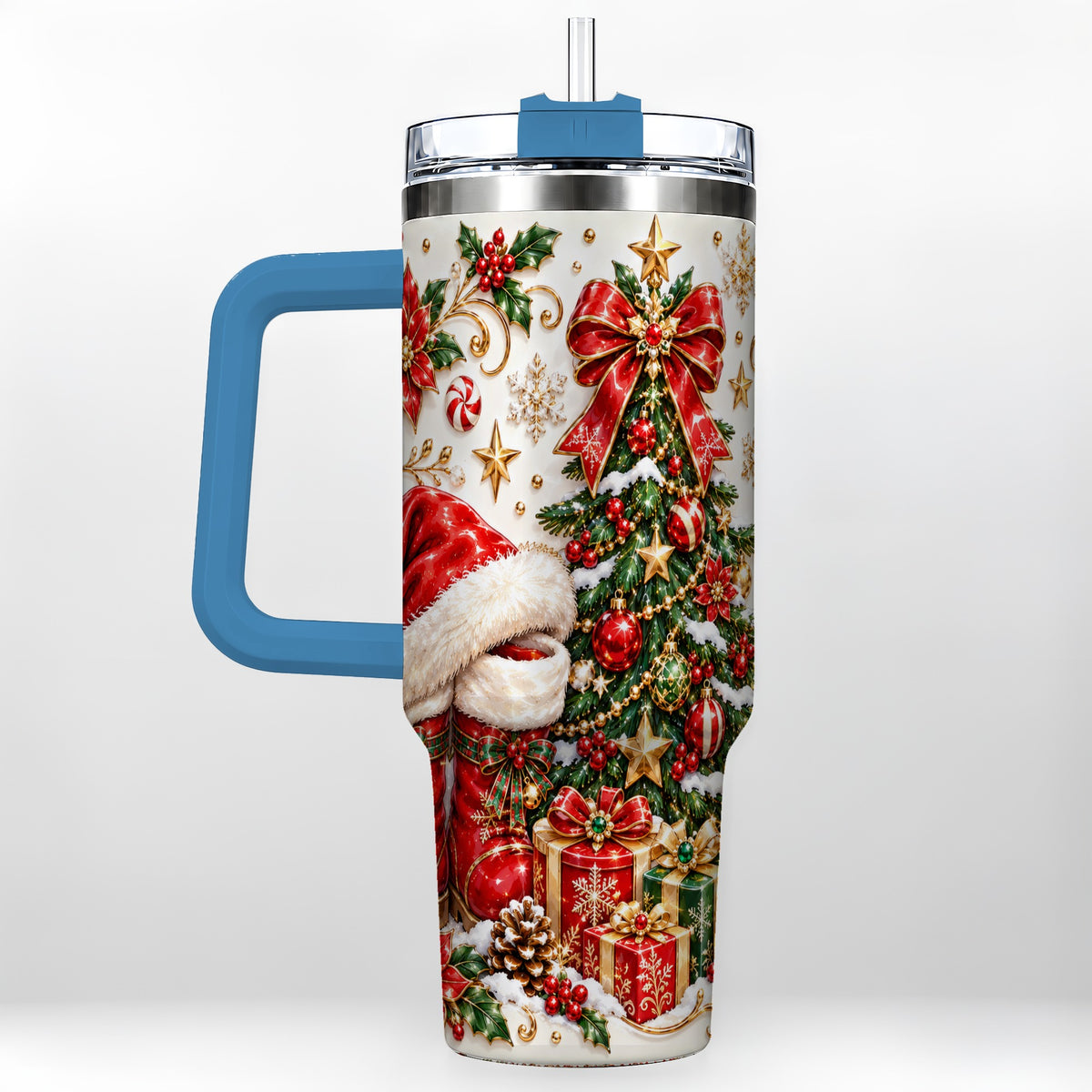 #pl[40oz|Blue] Elegant Christmas 40oz Tumbler with Handle, Ornate Holiday Artwork