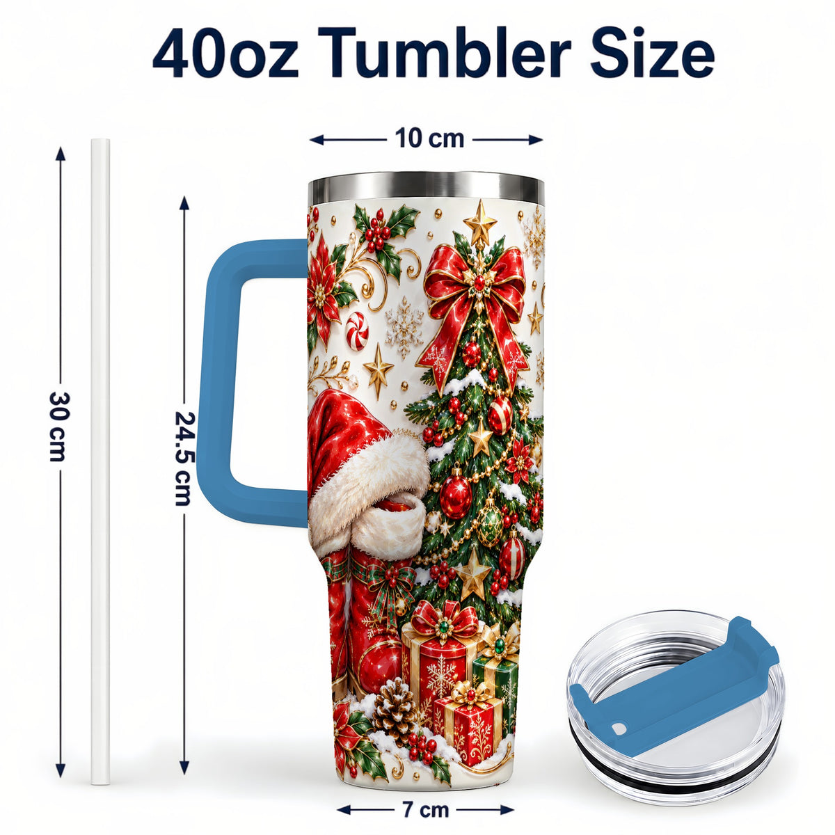 #pl[40oz|Blue] Elegant Christmas 40oz Tumbler with Handle, Ornate Holiday Artwork