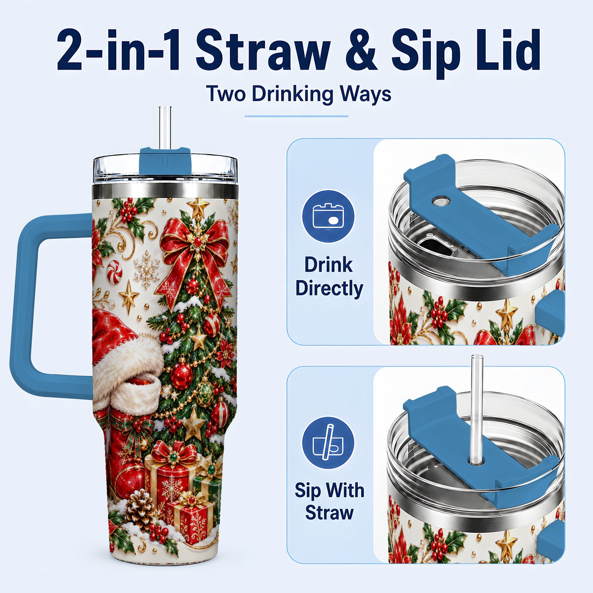 #pl[40oz|Blue] Elegant Christmas 40oz Tumbler with Handle, Ornate Holiday Artwork