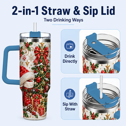 #pl[40oz|Blue] Elegant Christmas 40oz Tumbler with Handle, Ornate Holiday Artwork