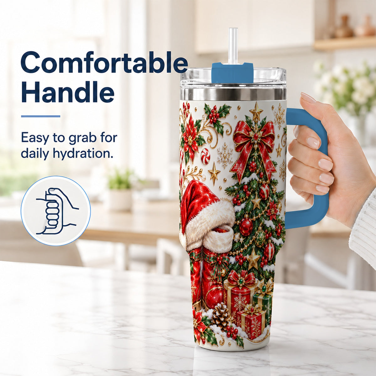 #pl[40oz|Blue] Elegant Christmas 40oz Tumbler with Handle, Ornate Holiday Artwork