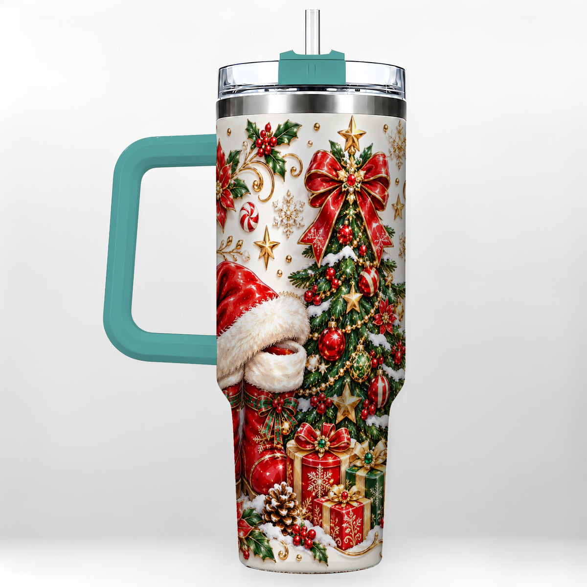 #pl[40oz|Green] Elegant Christmas 40oz Tumbler with Handle, Ornate Holiday Artwork
