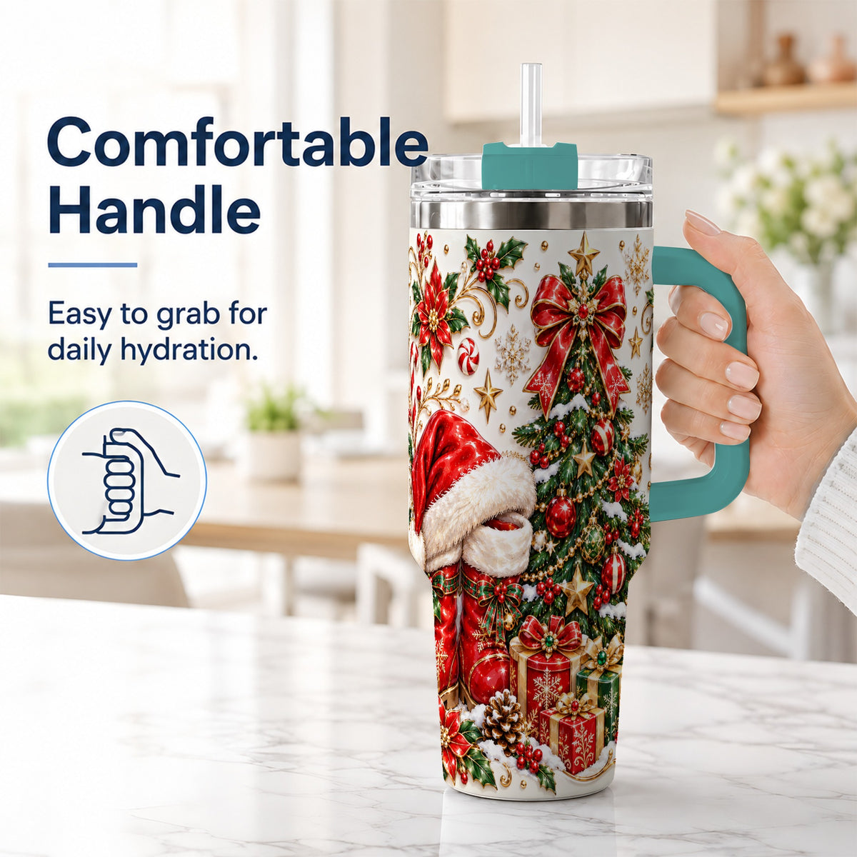 #pl[40oz|Green] Elegant Christmas 40oz Tumbler with Handle, Ornate Holiday Artwork