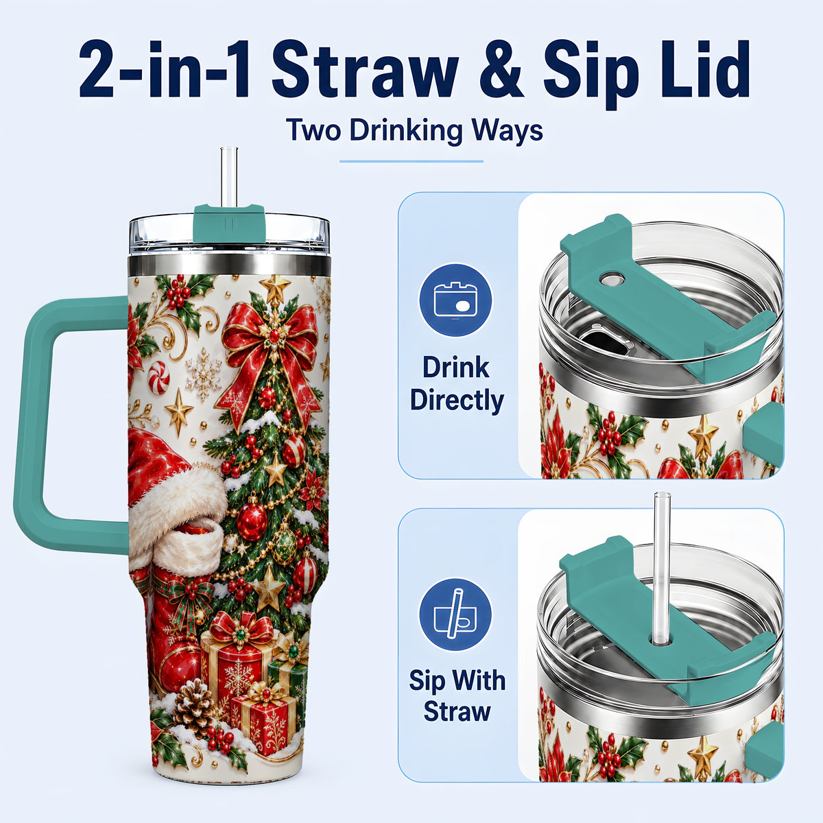 #pl[40oz|Green] Elegant Christmas 40oz Tumbler with Handle, Ornate Holiday Artwork
