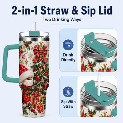 #pl[40oz|Green] Elegant Christmas 40oz Tumbler with Handle, Ornate Holiday Artwork