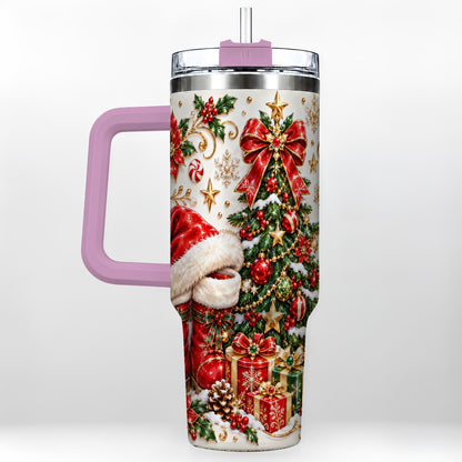 #pl[40oz|Pink] Elegant Christmas 40oz Tumbler with Handle, Ornate Holiday Artwork