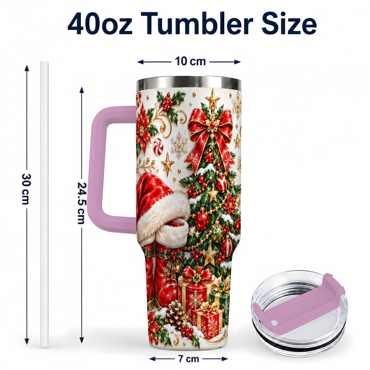 #pl[40oz|Pink] Elegant Christmas 40oz Tumbler with Handle, Ornate Holiday Artwork