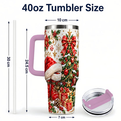 #pl[40oz|Pink] Elegant Christmas 40oz Tumbler with Handle, Ornate Holiday Artwork