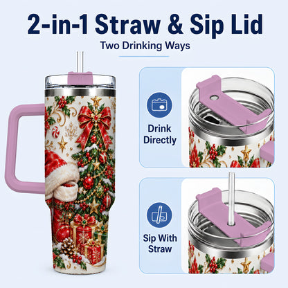 #pl[40oz|Pink] Elegant Christmas 40oz Tumbler with Handle, Ornate Holiday Artwork