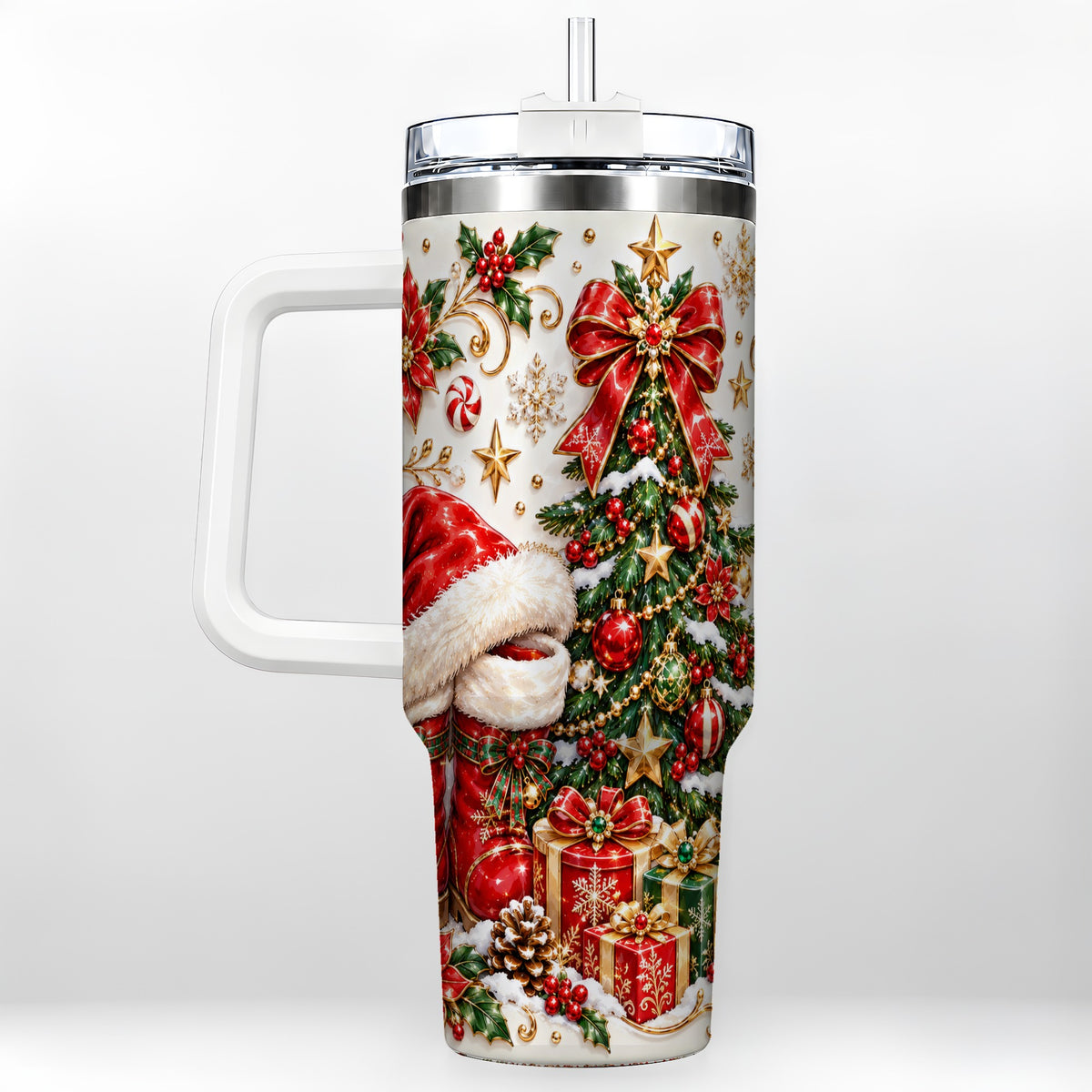 Elegant Christmas 40oz Tumbler with Handle, Ornate Holiday Artwork