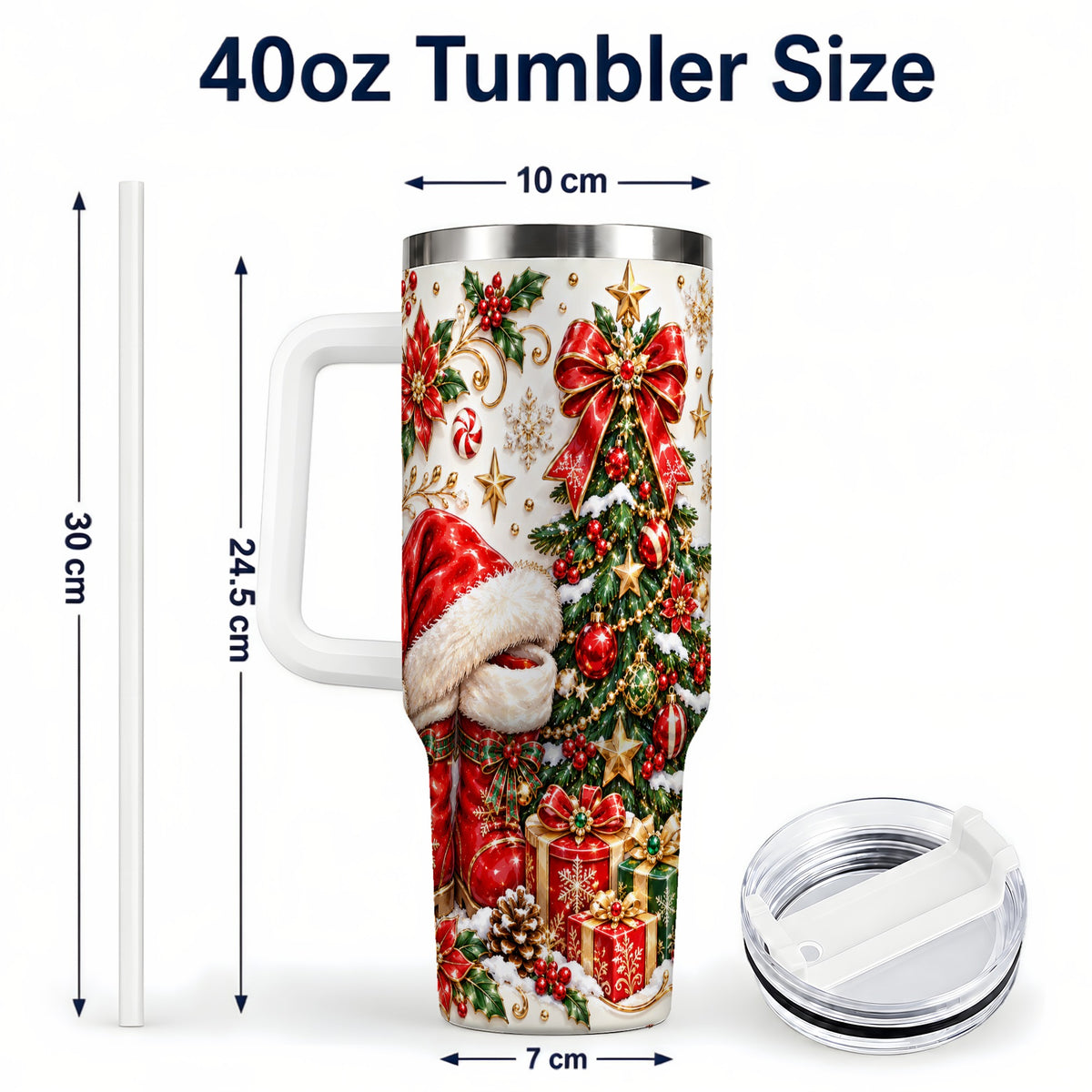#pl[40oz|White] Elegant Christmas 40oz Tumbler with Handle, Ornate Holiday Artwork