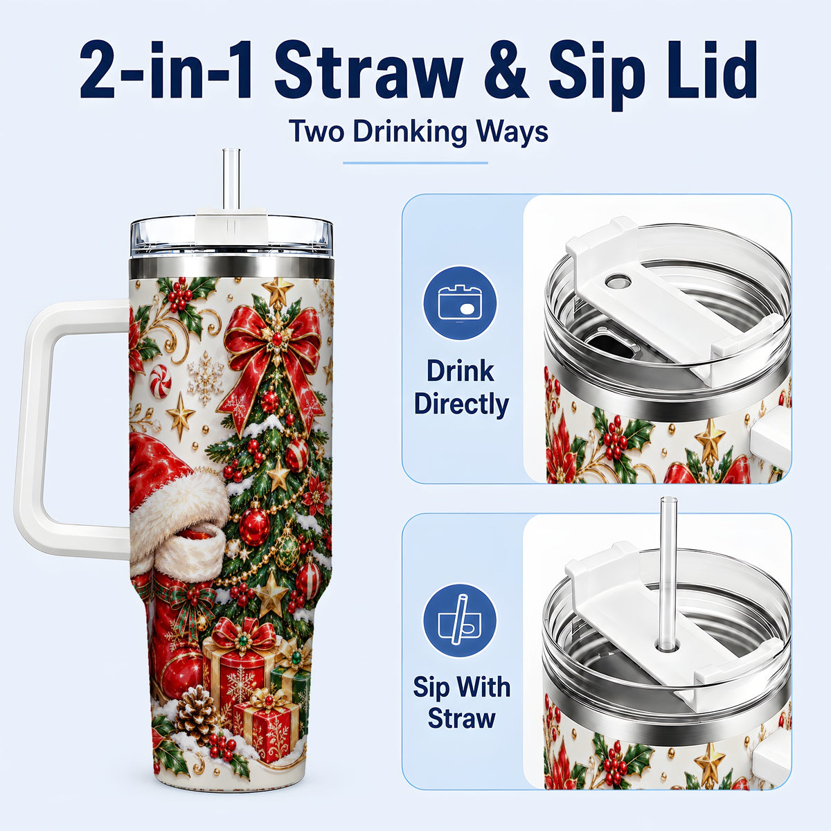 #pl[40oz|White] Elegant Christmas 40oz Tumbler with Handle, Ornate Holiday Artwork