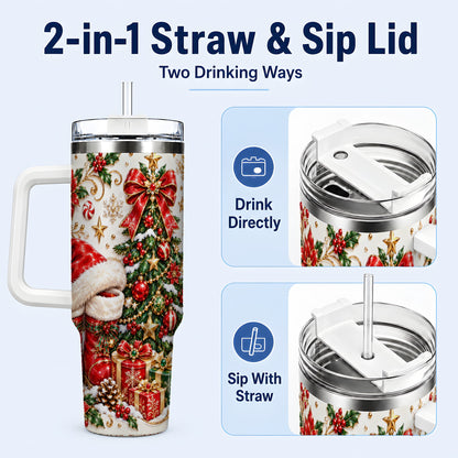 #pl[40oz|White] Elegant Christmas 40oz Tumbler with Handle, Ornate Holiday Artwork
