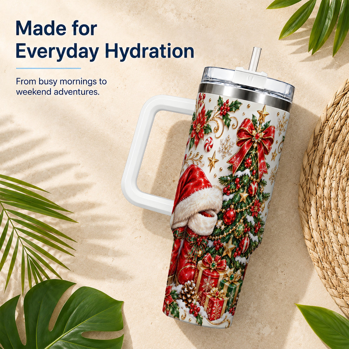 Elegant Christmas 40oz Tumbler with Handle, Ornate Holiday Artwork
