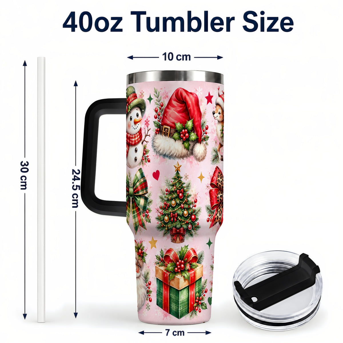 #pl[40oz|Black] Pink Christmas 40oz Tumbler with Handle, Leopard Bow Holiday Art