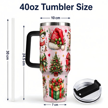 #pl[40oz|Black] Pink Christmas 40oz Tumbler with Handle, Leopard Bow Holiday Art