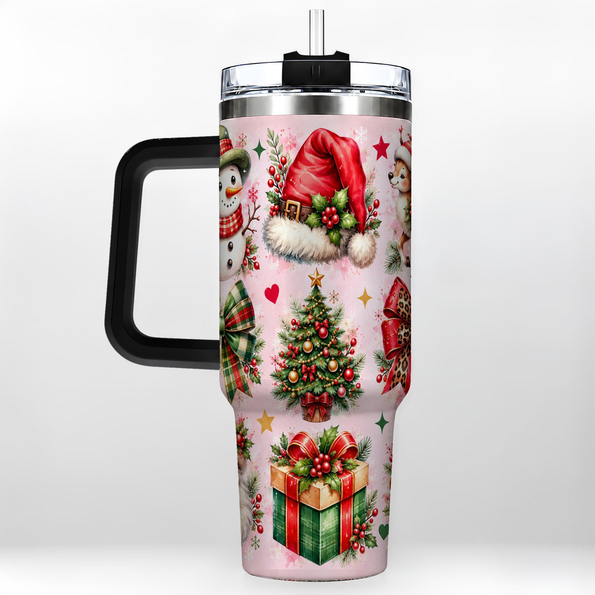#pl[40oz|Black] Pink Christmas 40oz Tumbler with Handle, Leopard Bow Holiday Art