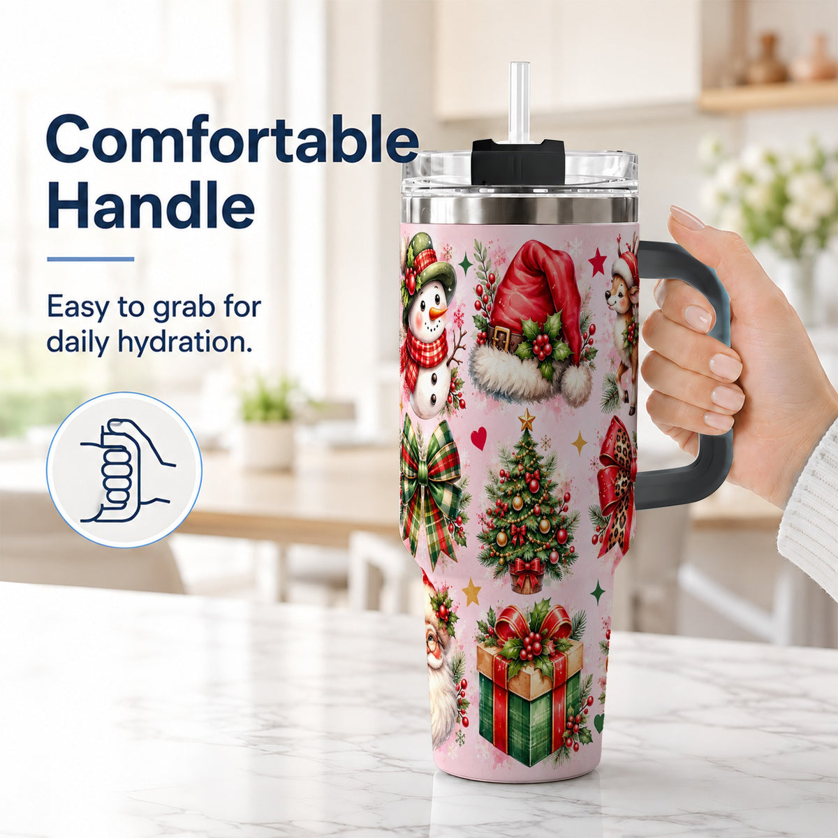 #pl[40oz|Black] Pink Christmas 40oz Tumbler with Handle, Leopard Bow Holiday Art