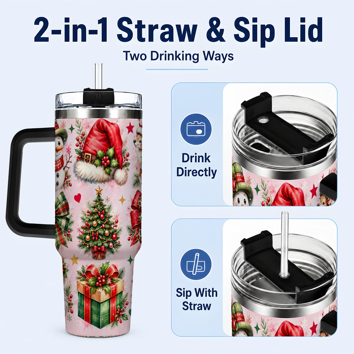 #pl[40oz|Black] Pink Christmas 40oz Tumbler with Handle, Leopard Bow Holiday Art