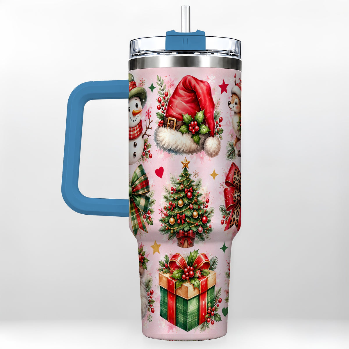 #pl[40oz|Blue] Pink Christmas 40oz Tumbler with Handle, Leopard Bow Holiday Art