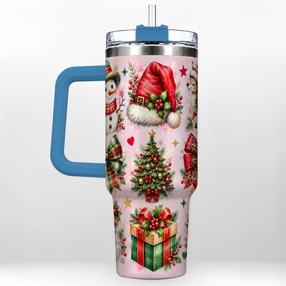 #pl[40oz|Blue] Pink Christmas 40oz Tumbler with Handle, Leopard Bow Holiday Art
