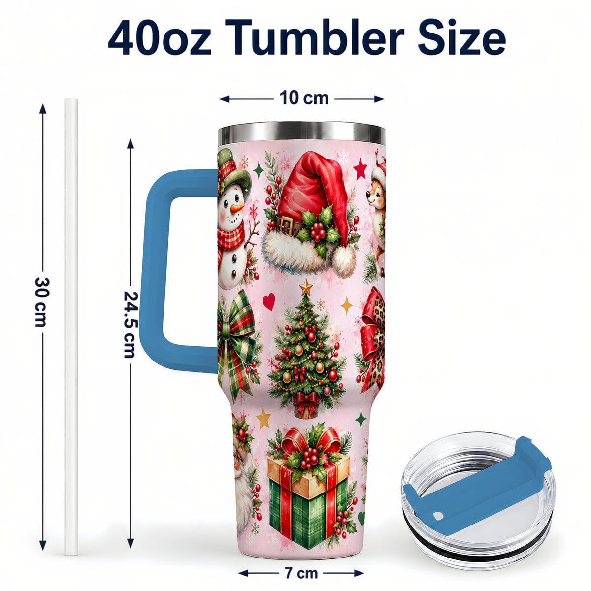 #pl[40oz|Blue] Pink Christmas 40oz Tumbler with Handle, Leopard Bow Holiday Art