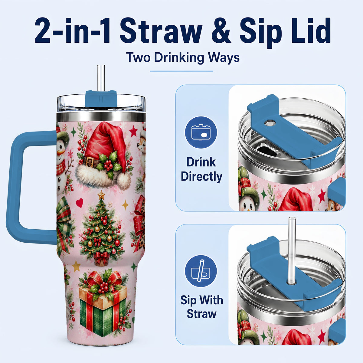 #pl[40oz|Blue] Pink Christmas 40oz Tumbler with Handle, Leopard Bow Holiday Art