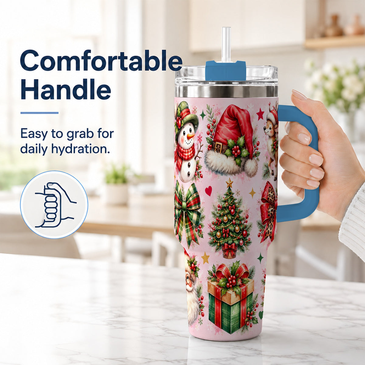 #pl[40oz|Blue] Pink Christmas 40oz Tumbler with Handle, Leopard Bow Holiday Art