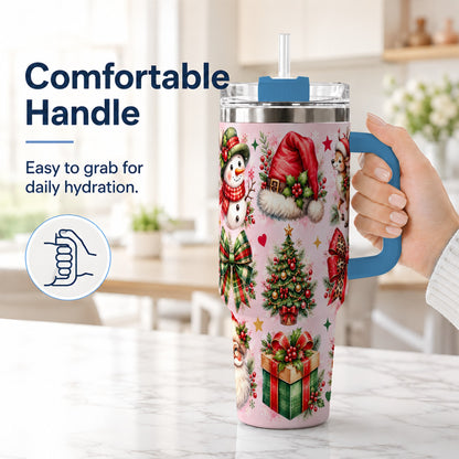 #pl[40oz|Blue] Pink Christmas 40oz Tumbler with Handle, Leopard Bow Holiday Art