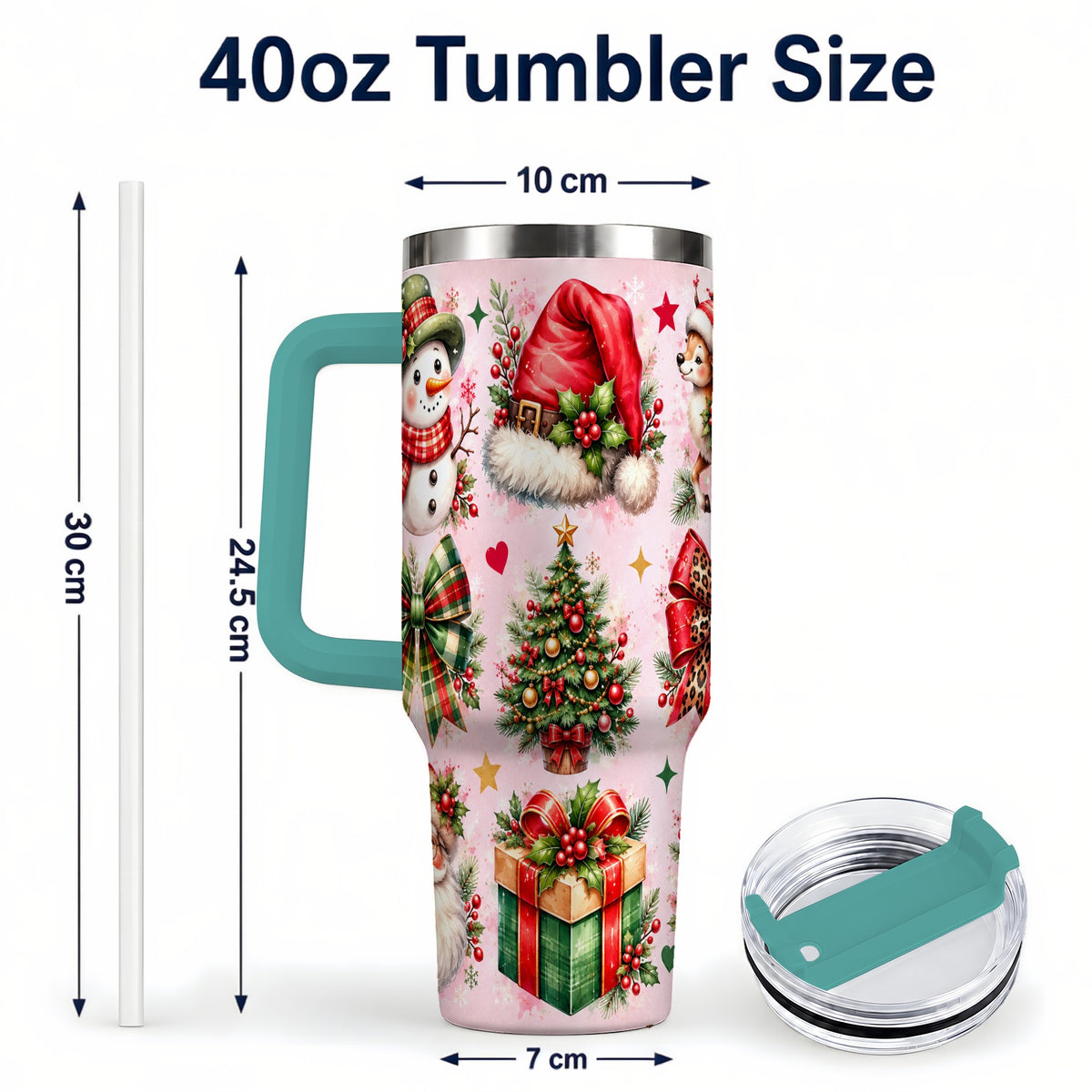 #pl[40oz|Green] Pink Christmas 40oz Tumbler with Handle, Leopard Bow Holiday Art