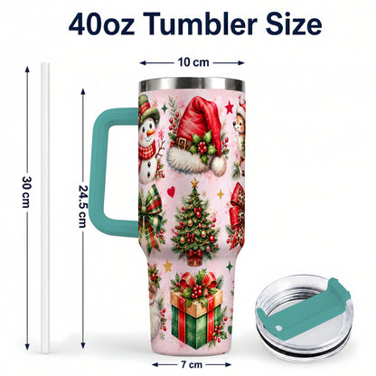 #pl[40oz|Green] Pink Christmas 40oz Tumbler with Handle, Leopard Bow Holiday Art