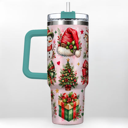 #pl[40oz|Green] Pink Christmas 40oz Tumbler with Handle, Leopard Bow Holiday Art