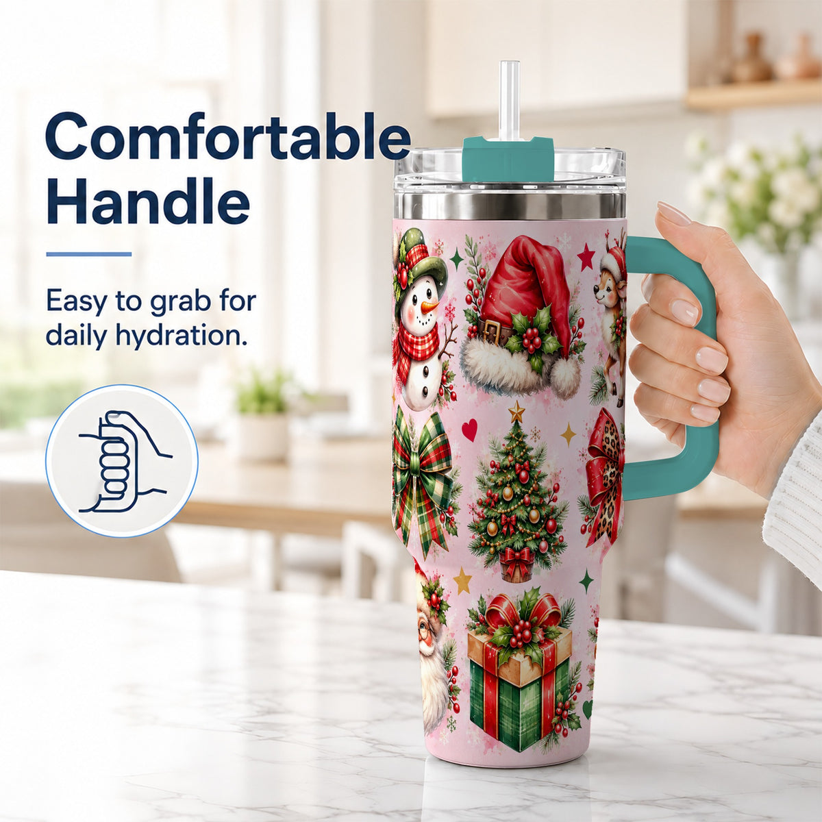 #pl[40oz|Green] Pink Christmas 40oz Tumbler with Handle, Leopard Bow Holiday Art