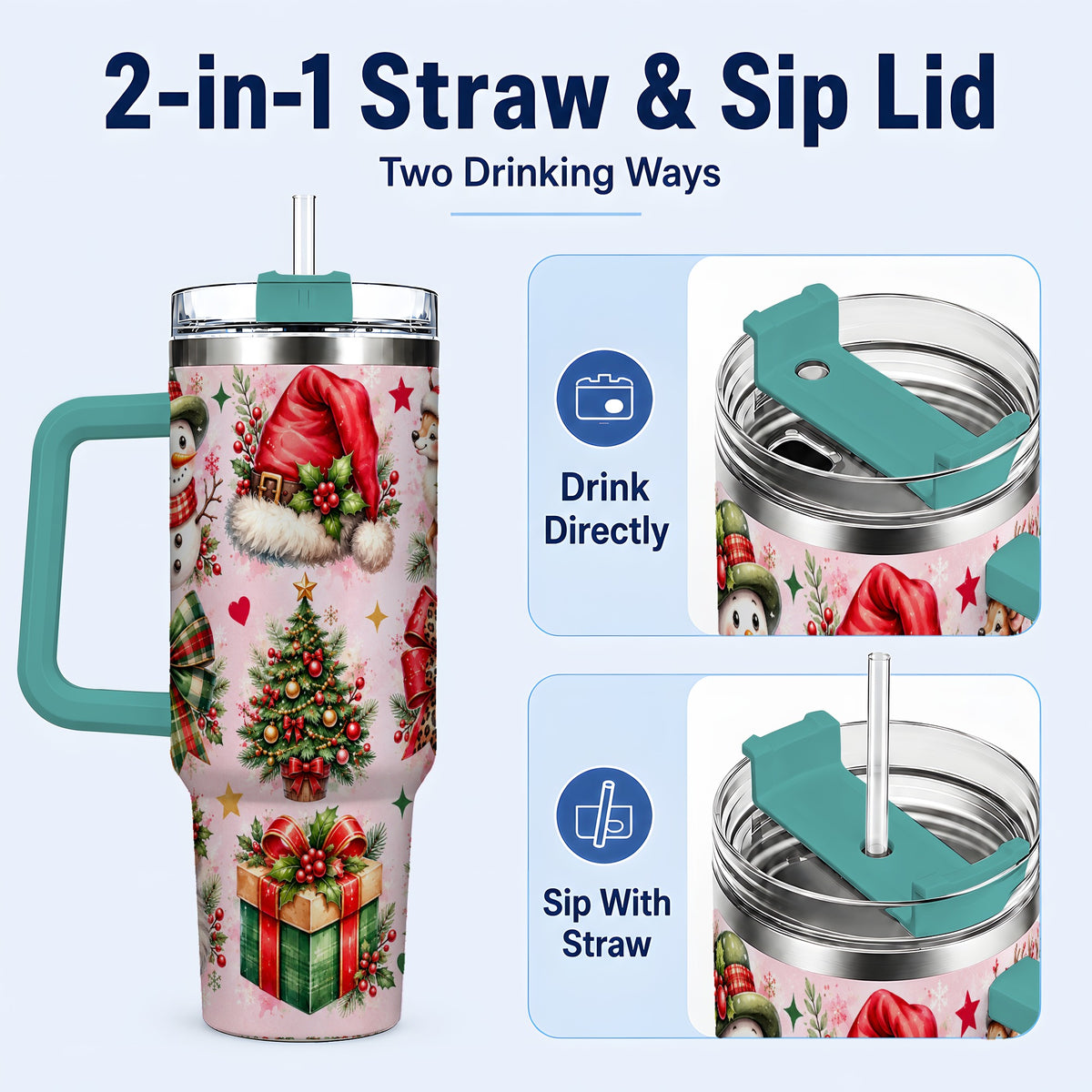 #pl[40oz|Green] Pink Christmas 40oz Tumbler with Handle, Leopard Bow Holiday Art