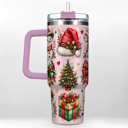 #pl[40oz|Pink] Pink Christmas 40oz Tumbler with Handle, Leopard Bow Holiday Art