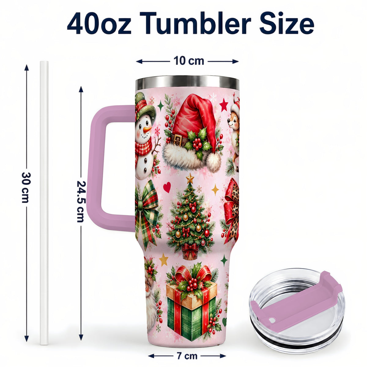 #pl[40oz|Pink] Pink Christmas 40oz Tumbler with Handle, Leopard Bow Holiday Art