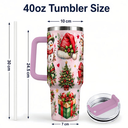 #pl[40oz|Pink] Pink Christmas 40oz Tumbler with Handle, Leopard Bow Holiday Art