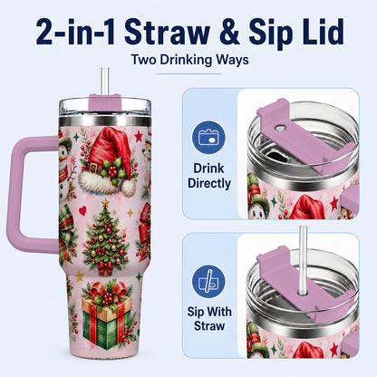 #pl[40oz|Pink] Pink Christmas 40oz Tumbler with Handle, Leopard Bow Holiday Art