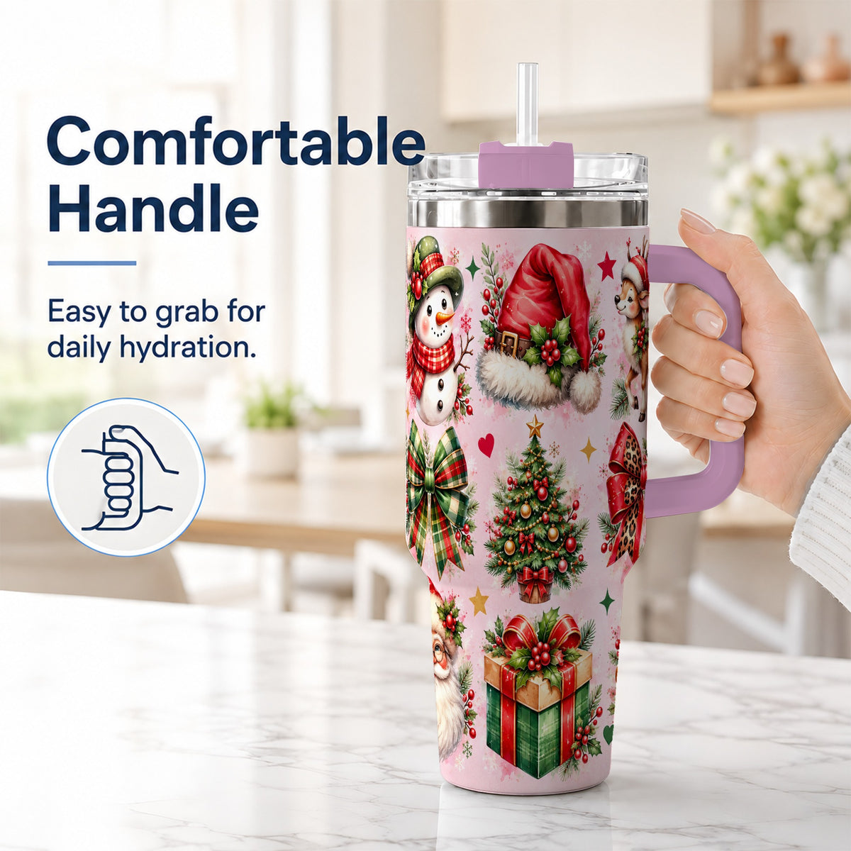 #pl[40oz|Pink] Pink Christmas 40oz Tumbler with Handle, Leopard Bow Holiday Art