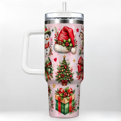 Pink Christmas 40oz Tumbler with Handle, Leopard Bow Holiday Art