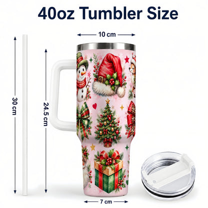 #pl[40oz|White] Pink Christmas 40oz Tumbler with Handle, Leopard Bow Holiday Art