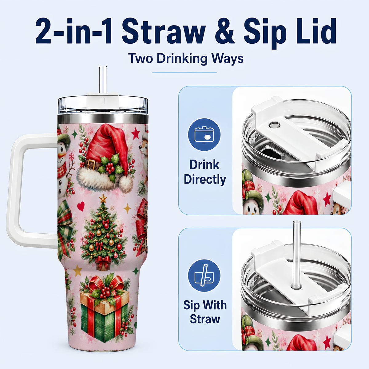 #pl[40oz|White] Pink Christmas 40oz Tumbler with Handle, Leopard Bow Holiday Art