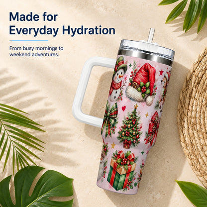 Pink Christmas 40oz Tumbler with Handle, Leopard Bow Holiday Art