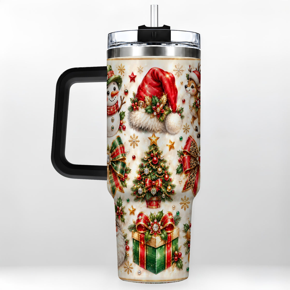 #pl[40oz|Black] Ornate Christmas 40oz Tumbler with Handle, Leopard Ribbon Holiday Art
