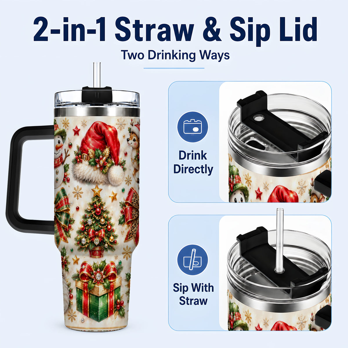 #pl[40oz|Black] Ornate Christmas 40oz Tumbler with Handle, Leopard Ribbon Holiday Art