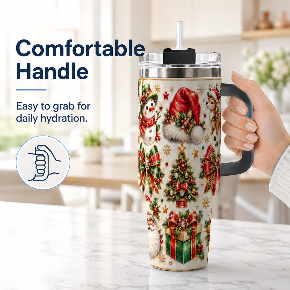 #pl[40oz|Black] Ornate Christmas 40oz Tumbler with Handle, Leopard Ribbon Holiday Art