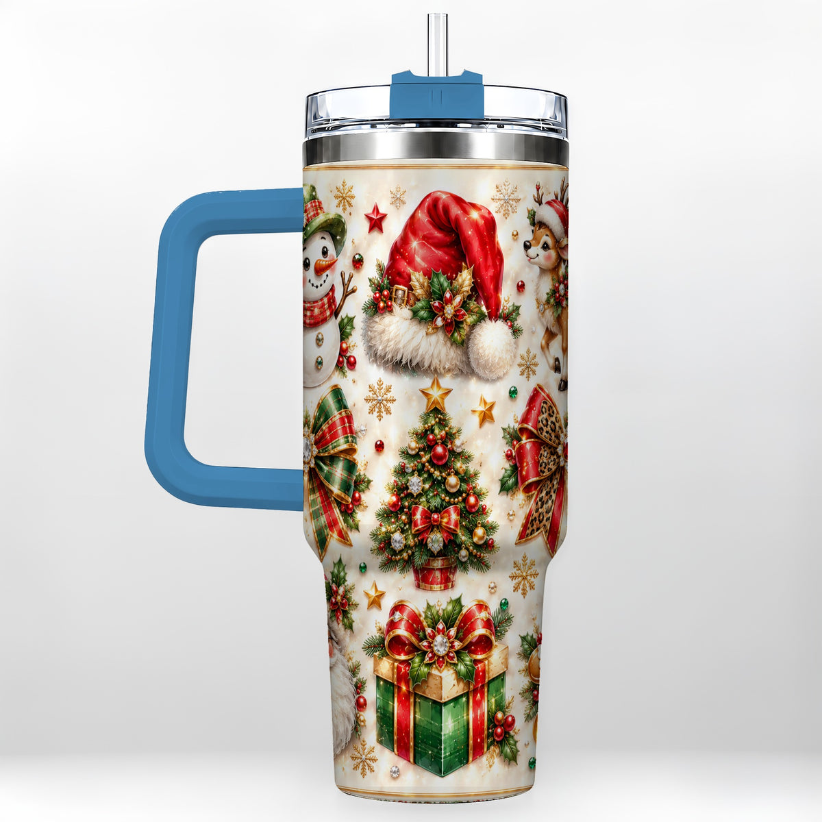 #pl[40oz|Blue] Ornate Christmas 40oz Tumbler with Handle, Leopard Ribbon Holiday Art