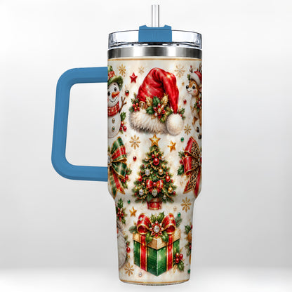 #pl[40oz|Blue] Ornate Christmas 40oz Tumbler with Handle, Leopard Ribbon Holiday Art