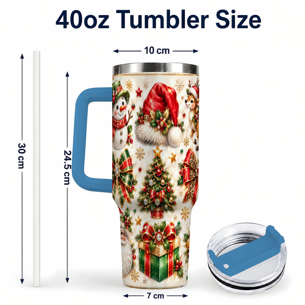 #pl[40oz|Blue] Ornate Christmas 40oz Tumbler with Handle, Leopard Ribbon Holiday Art